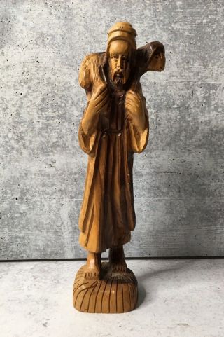Shepherd Olive Wood Hand Carved Statue 9.  5” Tall Vintage Religious Faith Lamb