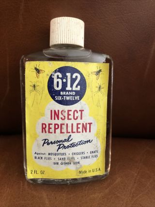 Vintage 6•12 Insect Repellent Glass Bottle Container 2oz.  Full