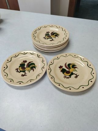 Set Of 7 Vintage Metlox Poppytrail Green Rooster Dessert / Bread Plates 6 3/8 "