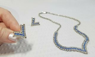 Vintage Bridal Blue And White Rhinestone Vee Choker Necklace And Earring Set