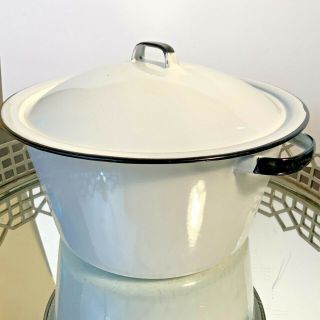 Enamel Pan With Lid Vintage 11 1/2 Handles White Black Cottage Core Farm Dx