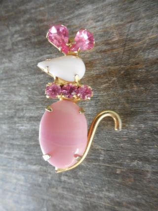Vintage Pink Rhinestone Figural Mouse Pin Brooch