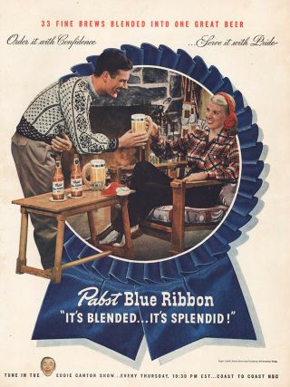 1946 Pabst Blue Ribbon Beer: 33 Fine Brews Fireplace Vintage Print Ad