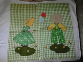Vintage Gingham Towels Sunbonnet Sue & Overall Bill Applique Matching Green Pair