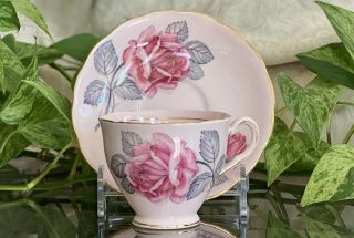 Vintage Colclough Tea Cup And Saucer - Pink Roses On Pink Background - England