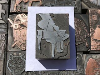 Antique Vtg Wood & Metal Piano Letterpress Print Type Cut Ornament Block