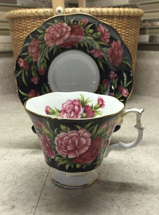 Royal Albert Cup/saucer Black W/ Pink Carnations - Bouquet Series - Evc