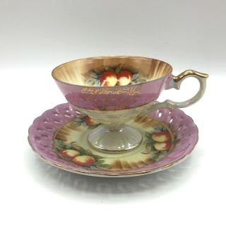 Vintage Lusterware Reticulated Teacup & Saucer Lavender Gold Gilding W/ Fruit