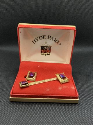Vintage Hyde Park Tie Bar And Cuff Link Set 1940s Purple Goldtone