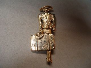 Vintage Gold Tone Metal Traveling Lady With Suitcase And Dog Brooch Pin