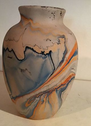 Nemadji Indian Pottery - Native Clay Vase - - Blue - Orange Swirl