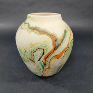 Vintage Nemadji Pottery Vase Usa Handmade Beige Brown Orange Green