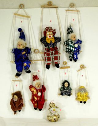 Vintage Porcelain Face Clowns Puppet Doll Marionette On Swings
