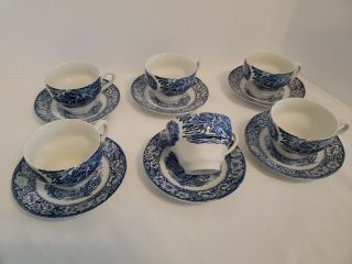 Vintage Liberty Blue White Staffordshire Old North Church Cups Saucers Set Of 6