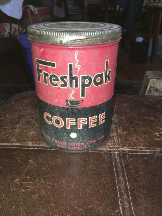 Antique Freshpak Coffee Tin Litho 1 Tall Can Grand Union Co York Ny Grocery