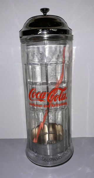 Vintage Coca - Cola Heavy Glass Straw Holder Dispenser Canister 1992 Chrome Lid