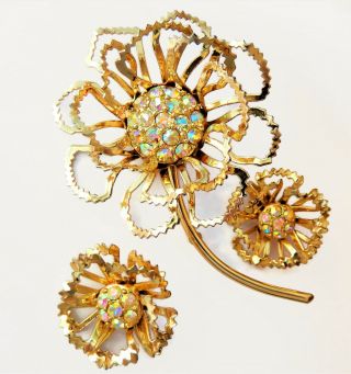Vtg Sarah Coventry Ab Rhinestone Flower Brooch Clip Earrings 1968 Allusion Set