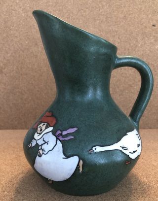 Antique Green Stellmacher Teplitz Pottery Pitcher Girl Being Chased By Goose