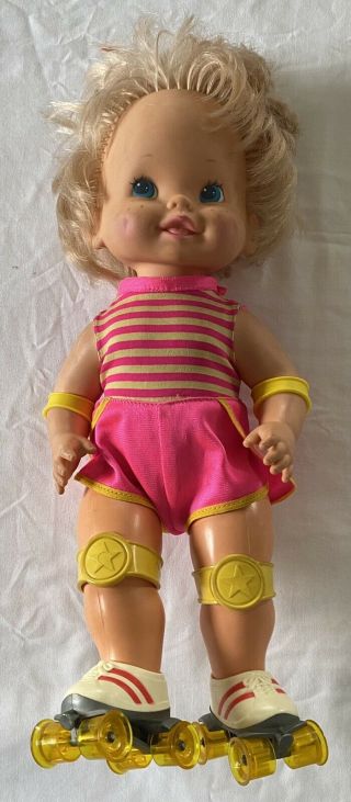 Mattel Baby Skates Doll - Roller Skating 1980 Vintage Wind Up Doll - W/ Pads
