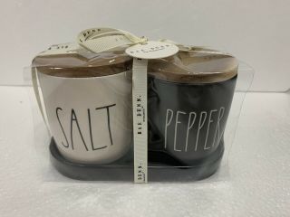 Rae Dunn “salt & Pepper” Black & White Cellars & Ceramic Tray Set Wood Lids