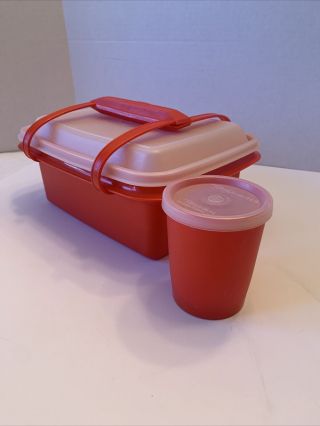 Vintage Tupperware Red 1254 Pak N Carry Lunch Box With Handle And Small Cup