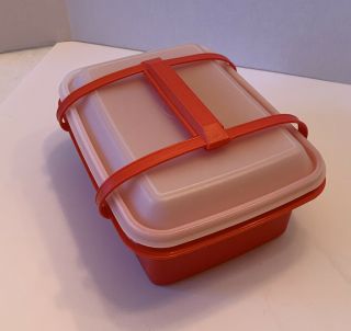 Vintage Tupperware Red 1254 Pak n Carry Lunch Box With Handle and small cup 2