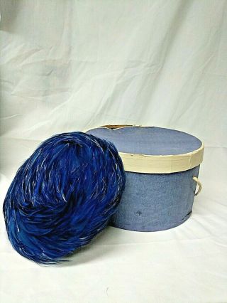 Antique Cobalt Blue " Lecie " Feather Dress Hat In Hat Box - S/m