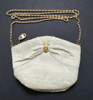 Vintage Beige Metal Mesh Beaded Evening Bag Purse Zipper Closure Crossover Chain