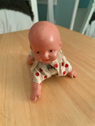 Vintage 5 " Celluloid Tin Mechanical Wind Up Toy Crawling Baby Doll Japan