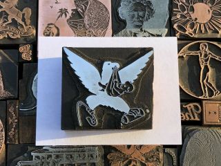 Antique Vtg Wood & Metal Stork W/ Baby Letterpress Print Type Cut Ornament Block