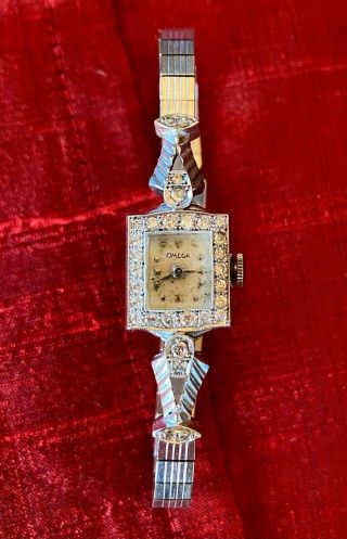 Ladies Omega 14k White Gold Wristwatch Vintage With 30 Diamonds Square Face