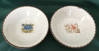 Two (2) Speckled Stoneware Bowls Blue Flower & Orange Floral Bird Made In Japan