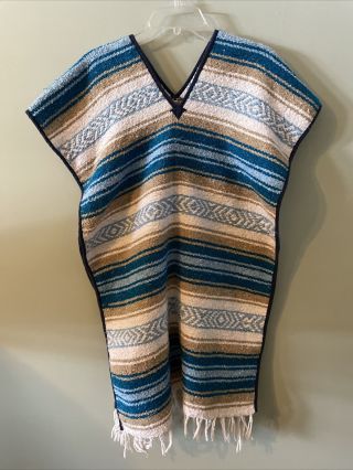Vintage Mexican Poncho,  Falsa Blanket Sarape Gaban,  Teal Blue Ran And White