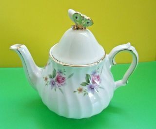 Small Sadler England Swirl Pattern Teapot Pink Roses & Gold With Butterfly Top