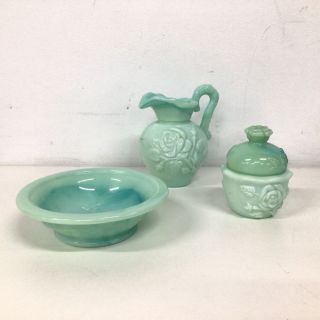 Vintage Avon Milk Glass Green Pitcher,  Bath Oil Jar & Bowl 319