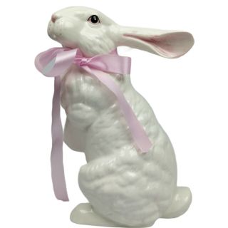 Large Vintage Ceramic Rabbit With Pink Silk Ribbon,  13 In
