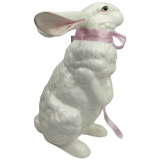 Large Vintage Ceramic Rabbit with Pink Silk Ribbon,  13 in 2