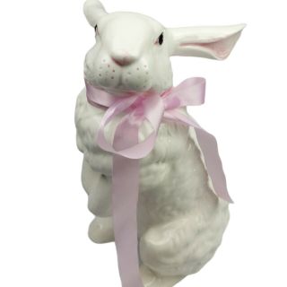 Large Vintage Ceramic Rabbit with Pink Silk Ribbon,  13 in 3
