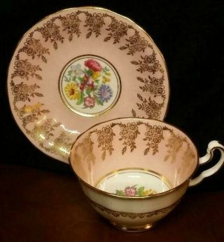 Vintage Adderley Fine Bone China Tea Cup & Saucer - Pink W/ Gold Trim & Flowers