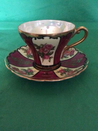 Castle China Japan Cup & Saucer Heavy Gold Gild Red Cabbage Roses Burgundy