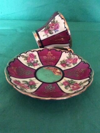 CASTLE CHINA JAPAN CUP & SAUCER HEAVY GOLD GILD RED CABBAGE ROSES BURGUNDY 2