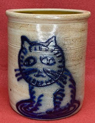 Beaumont Pottery 1988 Cat Medium Salt Glazed Stoneware Crock,  Dn & Impressed