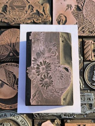 Antique Vtg Floral Flowers In Basket Letterpress Print Type Cut Ornament Block
