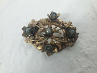 Antique Art Nouveau Gold Tone Pot Metal Facet Glass Brooch Pin C Clip