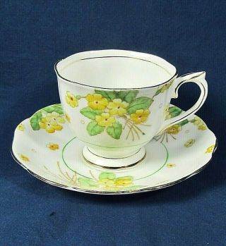 Royal Albert China Yellow Floral,  Green Leaf Countess Shape,  Footed Teacup,  Saucer