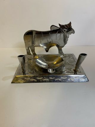 Antique Vintage Sterling Silver Cow Ink Well And Pen Holder With Ash Tray