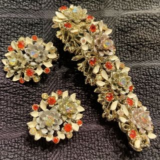 Vintage Bsk Jewelry Bracelet Earrings Set Clip - On Gold Red Rhinestones Enameled