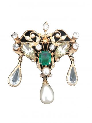Vintage Victorian Emerald Green Rhinestone Glass Pearl Dangle Brooch Pin 2”