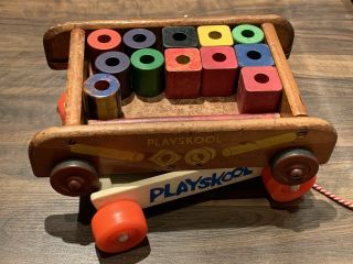 Vintage Playskool Wooden Wagon Cart/blocks Plus Plastic Cart.