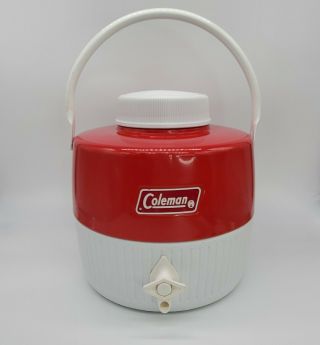 Vintage Coleman Red White 1 - Gallon Water Cooler Jug With Spout Cup Handle